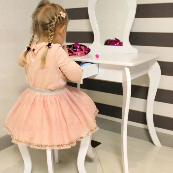 Set Masa de toaleta pentru copii Elza, alba, cu oglinda si taburet, 71x50x108 cm [6]