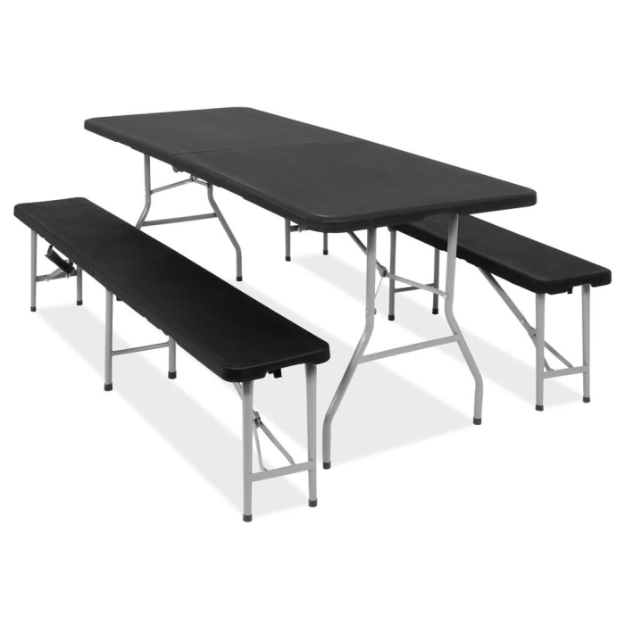 Set masa pliabila cu 2 banci, 180 cm, negru, HDPE si cadru metalic anticoroziv [1]