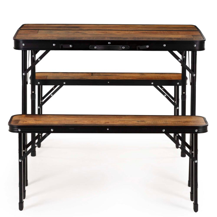 Set masa pliabila cu 2 banci pentru camping, reglabila pe inaltime, MDF si aluminiu, 90x60x70 cm, maro si negru [10]