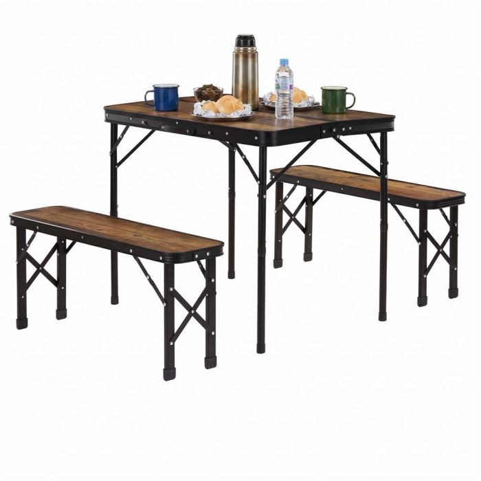 Set masa pliabila cu 2 banci pentru camping, reglabila pe inaltime, MDF si aluminiu, 90x60x70 cm, maro si negru [5]