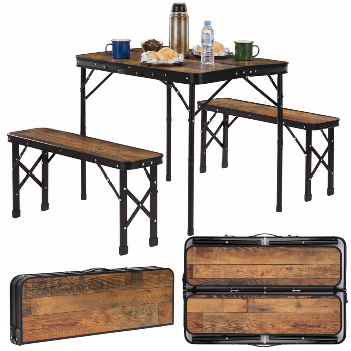 Set masa pliabila cu 2 banci pentru camping, reglabila pe inaltime, MDF si aluminiu, 90x60x70 cm, maro si negru [4]