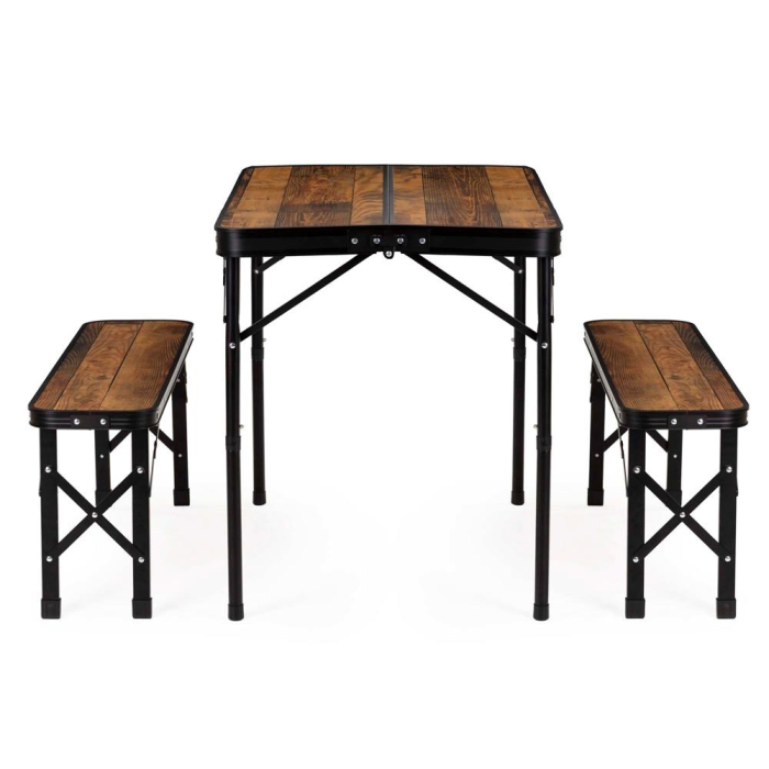 Set masa pliabila cu 2 banci pentru camping, reglabila pe inaltime, MDF si aluminiu, 90x60x70 cm, maro si negru [29]