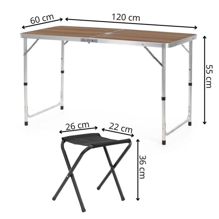 Set masa pliabila de camping cu 4 scaune, inaltime reglabila, aluminiu si MDF, 120x60x71 cm, maro si argintiu [31]