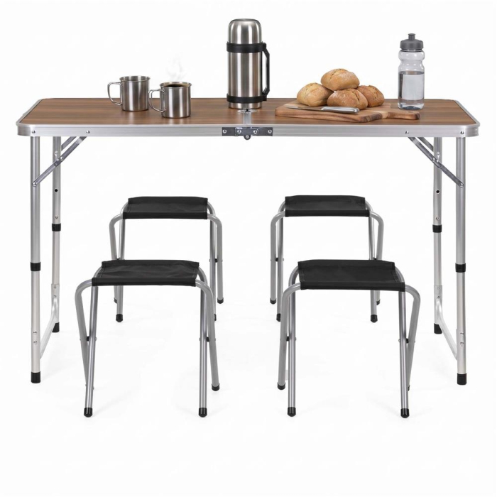 Set masa pliabila de camping cu 4 scaune, inaltime reglabila, aluminiu si MDF, 120x60x71 cm, maro si argintiu [8]
