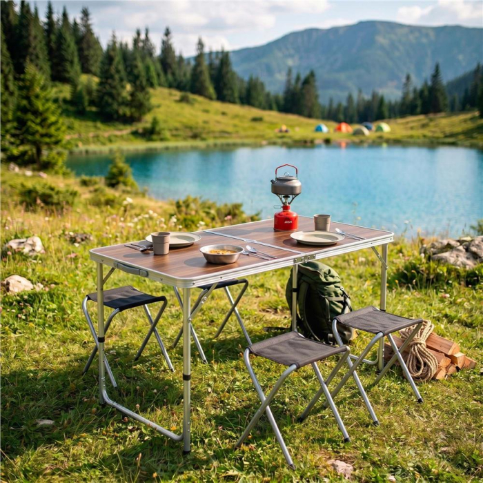 Set masa pliabila de camping cu 4 scaune, inaltime reglabila, aluminiu si MDF, 120x60x71 cm, maro si argintiu [28]