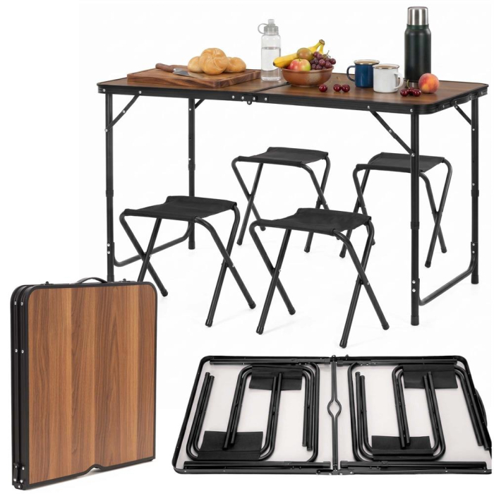 Set masa pliabila de camping cu 4 scaune, inaltime reglabila, aluminiu si MDF, 120x60x71 cm, maro si negru [5]