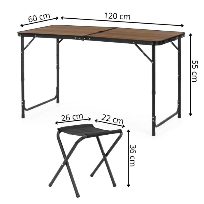 Set masa pliabila de camping cu 4 scaune, inaltime reglabila, aluminiu si MDF, 120x60x71 cm, maro si negru [33]