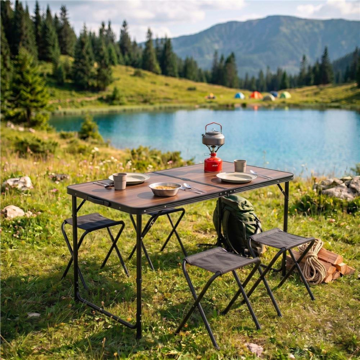 Set masa pliabila de camping cu 4 scaune, inaltime reglabila, aluminiu si MDF, 120x60x71 cm, maro si negru [29]