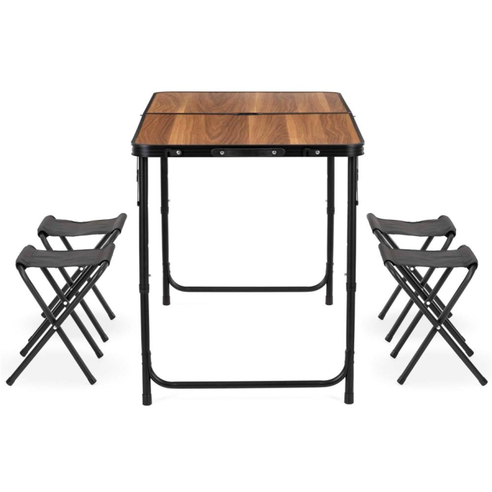 Set masa pliabila de camping cu 4 scaune, inaltime reglabila, aluminiu si MDF, 120x60x71 cm, maro si negru [28]