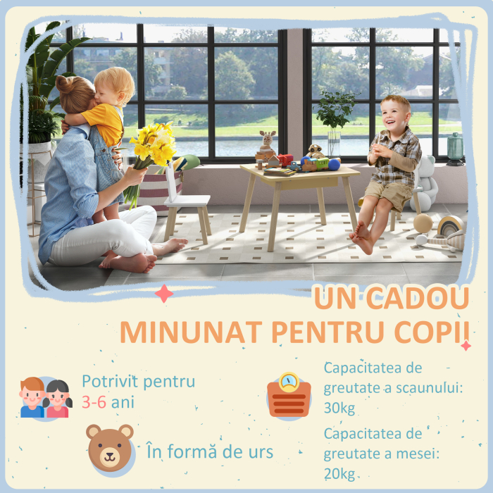  Set Masa si 2 Scaune pentru Copii 3-6 ani, cu Tabla de Scris si Loc de Depozitare, 60x60x44 cm, Lemn Natural [5]
