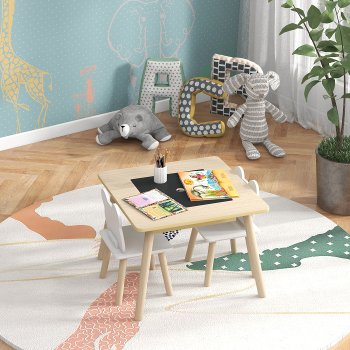  Set Masa si 2 Scaune pentru Copii 3-6 ani, cu Tabla de Scris si Loc de Depozitare, 60x60x44 cm, Lemn Natural [9]