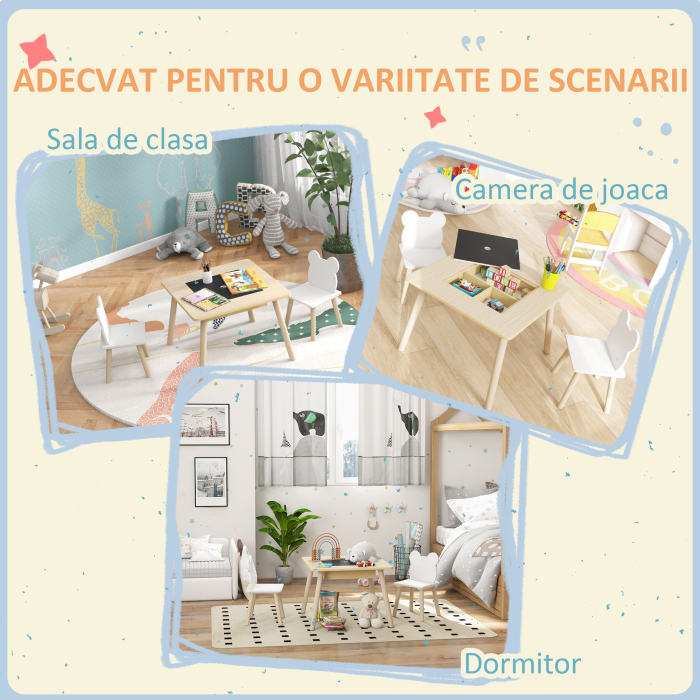  Set Masa si 2 Scaune pentru Copii 3-6 ani, cu Tabla de Scris si Loc de Depozitare, 60x60x44 cm, Lemn Natural [7]