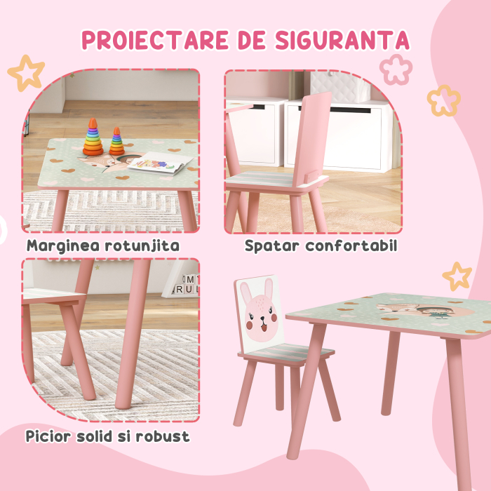  Set masa si scaun 3 piese pentru copii lemn de pin cu desene animale roz pentru scoala mobilier camera copilului birou pentru copii mici [5]