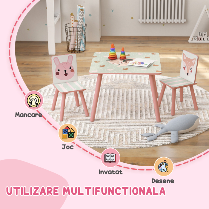  Set masa si scaun 3 piese pentru copii lemn de pin cu desene animale roz pentru scoala mobilier camera copilului birou pentru copii mici [4]