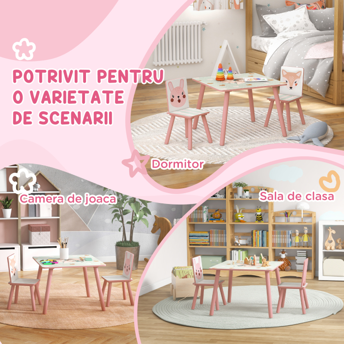  Set masa si scaun 3 piese pentru copii lemn de pin cu desene animale roz pentru scoala mobilier camera copilului birou pentru copii mici [6]