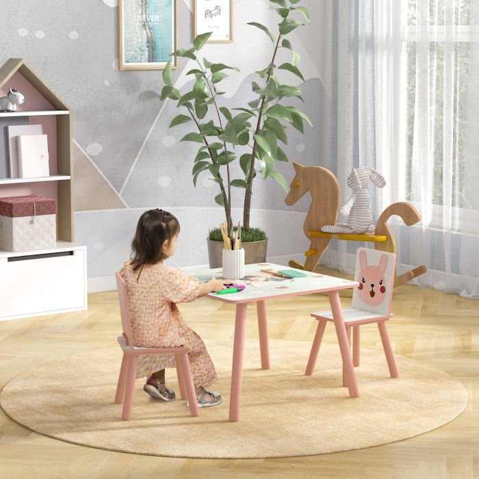  Set masa si scaun 3 piese pentru copii lemn de pin cu desene animale roz pentru scoala mobilier camera copilului birou pentru copii mici [2]
