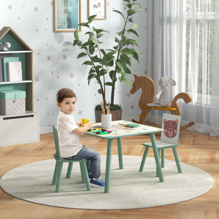 Set masa si scaun 3 piese pentru copii MDF lemn de pin desene animale verde distractie copii indemanare confortabil pentru copii model cu desene [2]