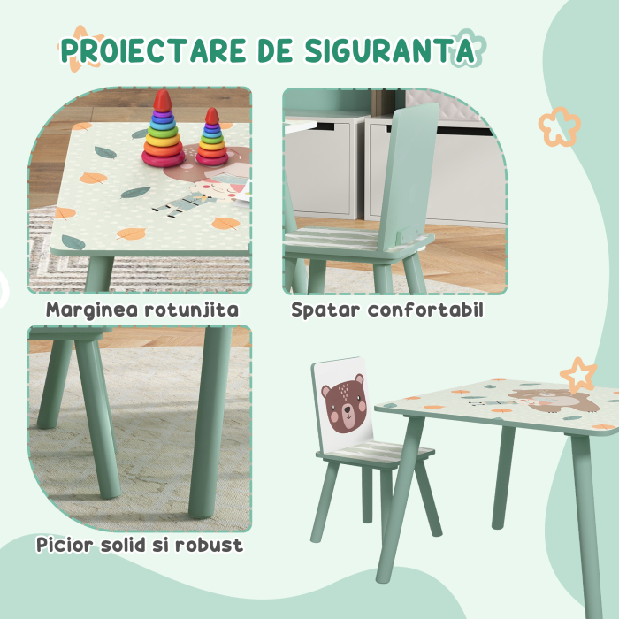  Set masa si scaun 3 piese pentru copii MDF lemn de pin desene animale verde distractie copii indemanare confortabil pentru copii model cu desene [5]