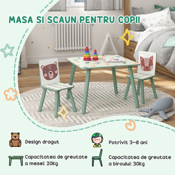  Set masa si scaun 3 piese pentru copii MDF lemn de pin desene animale verde distractie copii indemanare confortabil pentru copii model cu desene [7]
