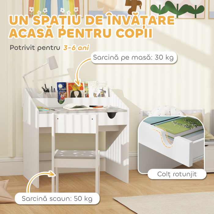  Set Masa si Scaun pentru Copii 3-6 Ani cu Organizator si Sertar Glisant, din Lemn Gri [7]