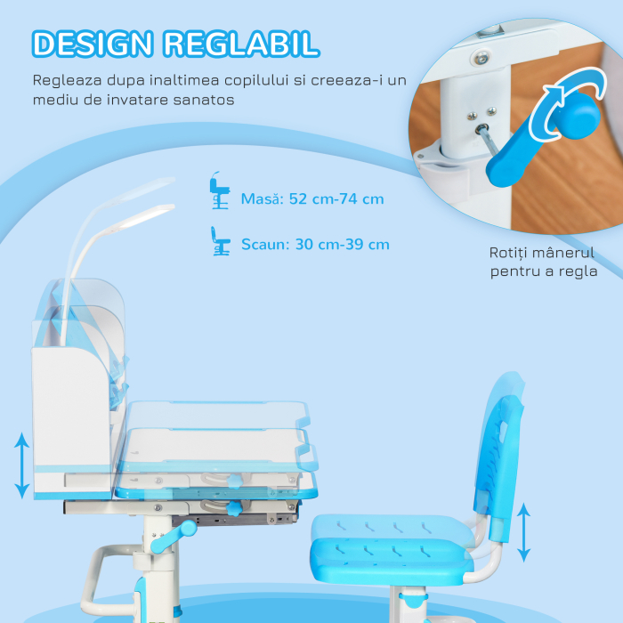  Set Masa si Scaun pentru Copii 6-12 Ani Reglabile pe inaltime si Blat inclinabil 45°, 80x54,5x82-104 cm, Albastru [6]