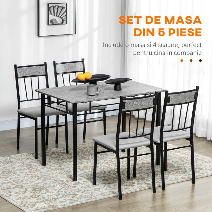  Set masa si scaune 5 buc, masa dreptunghiulara din metal si MDF si 4 scaune de sufragerie cu scaun tapitat cu spuma si poliester [4]