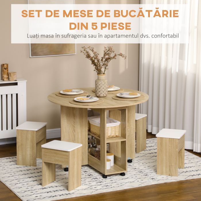  Set Masa si Scaune 5 Piese din PAL, Masa Rotunda cu 2 Rafturi Deschise si 4 Taburete Moderne [4]