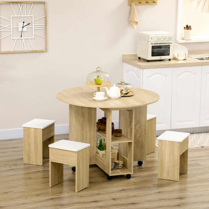  Set Masa si Scaune 5 Piese din PAL, Masa Rotunda cu 2 Rafturi Deschise si 4 Taburete Moderne [2]
