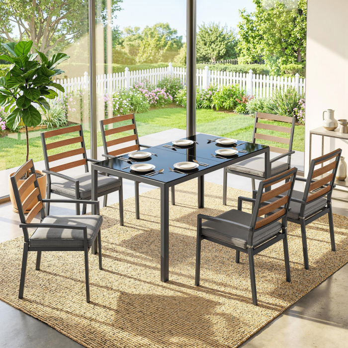  Set Masa si Scaune de Gradina 7 Piese, Set pentru Pranz in Aer Liber cu Masa Dreptunghiulara din Sticla Securizata, 6 Scaune, Perne, Cadru din Otel Zincat pentru Terasa Balcon, Negru [8]