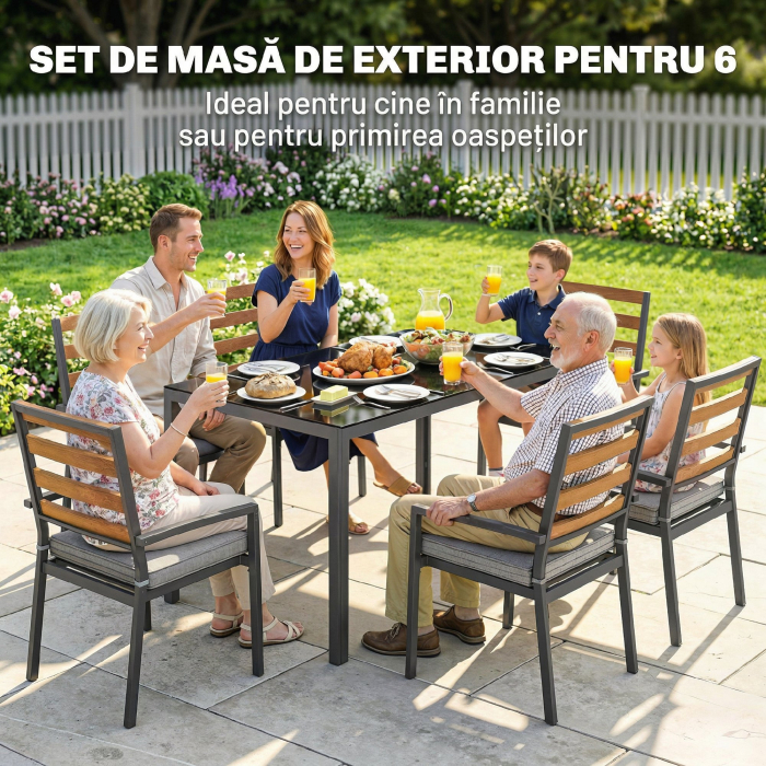  Set Masa si Scaune de Gradina 7 Piese, Set pentru Pranz in Aer Liber cu Masa Dreptunghiulara din Sticla Securizata, 6 Scaune, Perne, Cadru din Otel Zincat pentru Terasa Balcon, Negru [4]