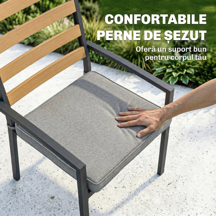  Set Masa si Scaune de Gradina 7 Piese, Set pentru Pranz in Aer Liber cu Masa Dreptunghiulara din Sticla Securizata, 6 Scaune, Perne, Cadru din Otel Zincat pentru Terasa Balcon, Negru [7]