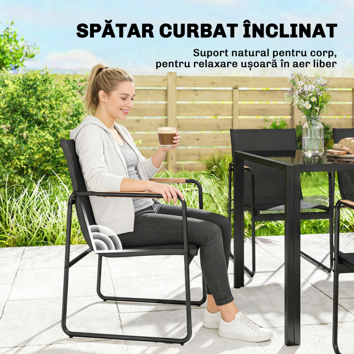  Set Masa si Scaune de Gradina 7 Piese, Set Pranz Exterior cu Masa din Sticla Temperata, 6 Scaune din Texteline Respirabil, Cotiere Decorative, Structura din Otel pentru Terasa Balcon, Negru [5]
