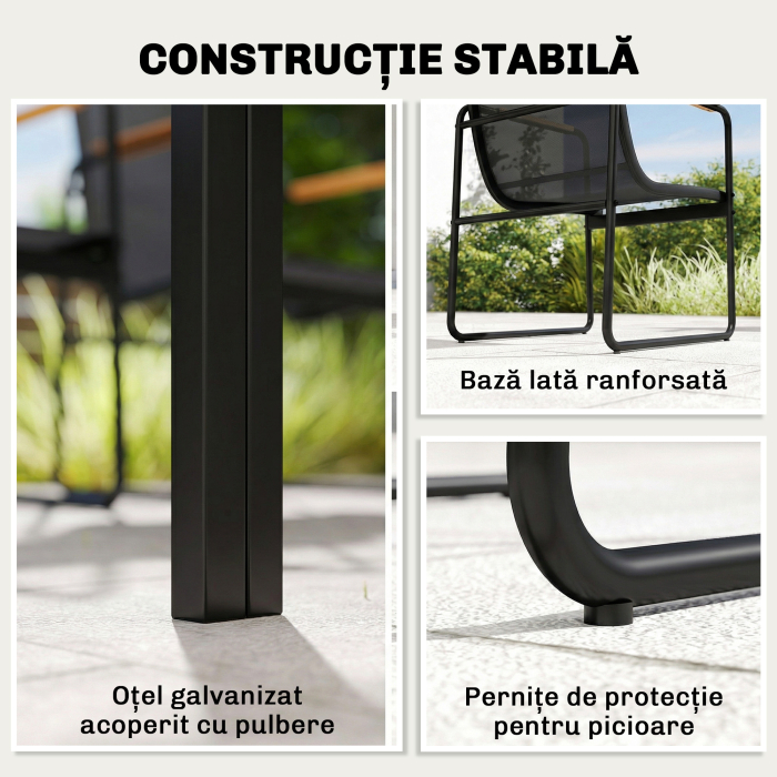  Set Masa si Scaune de Gradina 7 Piese, Set Pranz Exterior cu Masa din Sticla Temperata, 6 Scaune din Texteline Respirabil, Cotiere Decorative, Structura din Otel pentru Terasa Balcon, Negru [8]