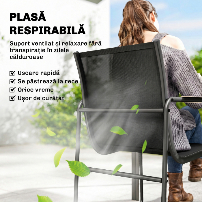  Set Masa si Scaune de Gradina 7 Piese, Set Pranz Exterior cu Masa din Sticla Temperata, 6 Scaune din Texteline Respirabil, Cotiere Decorative, Structura din Otel pentru Terasa Balcon, Negru [4]