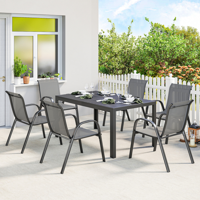  Set Masa si Scaune de Gradina 7 Piese, Set Pranz Exterior cu Masa Dreptunghiulara, 6 Scaune Stivuibile din Textilena, Set Mobilier de Gradina pentru Terasa, Balcon, Patio, Gri Deschis [2]
