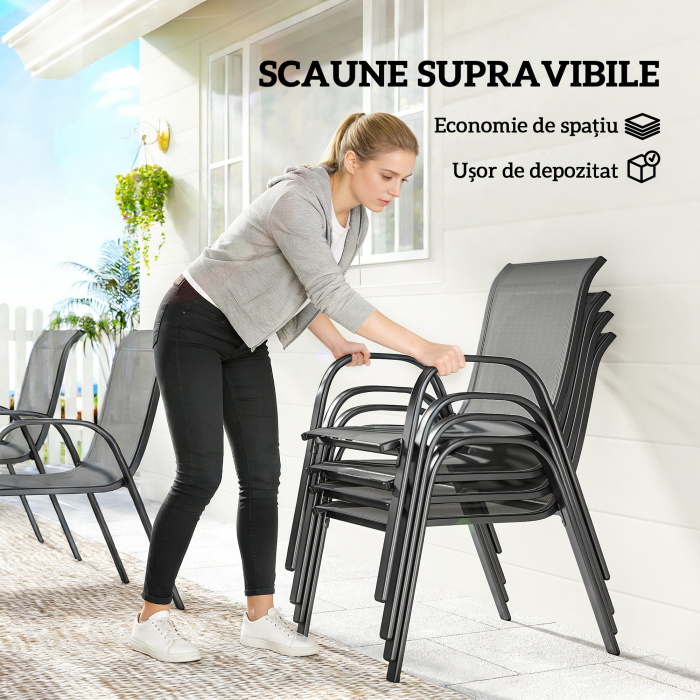  Set Masa si Scaune de Gradina 7 Piese, Set Pranz Exterior cu Masa Dreptunghiulara, 6 Scaune Stivuibile din Textilena, Set Mobilier de Gradina pentru Terasa, Balcon, Patio, Gri Deschis [4]