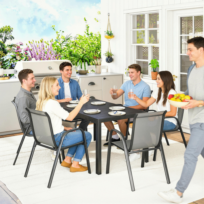  Set Masa si Scaune de Gradina 7 Piese, Set Pranz Exterior cu Masa Dreptunghiulara, 6 Scaune Stivuibile din Textilena, Set Mobilier de Gradina pentru Terasa, Balcon, Patio, Gri Deschis [9]