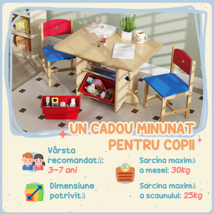  Set Masa si Scaune pentru Copii 3-7 Ani, cu 2 Scaune si 4 Compartimente de Depozitare, 77x57x50 cm, Lemn Natural [6]