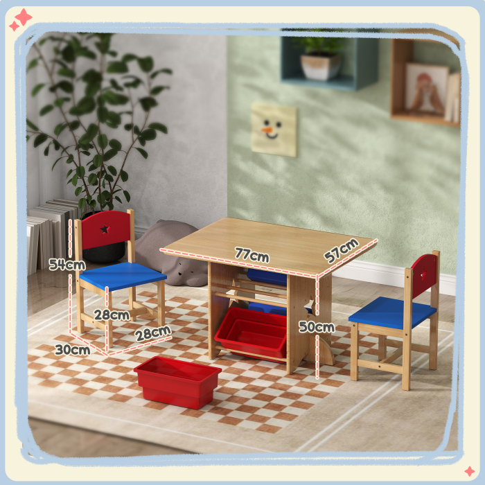  Set Masa si Scaune pentru Copii 3-7 Ani, cu 2 Scaune si 4 Compartimente de Depozitare, 77x57x50 cm, Lemn Natural [3]