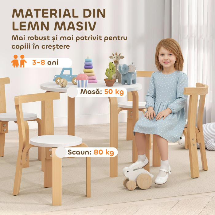  Set Masa si Scaune pentru Copii 3-8 Ani 5 piese cu Margini Rotunjite din Lemn Alb [6]