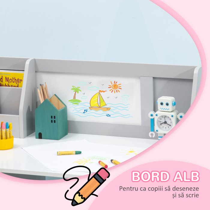  Set Masa si Scaune pentru Copii 5-8 Ani cu Spatiu de Depozitare, Tabla si Scaun, 90x45x85 cm, Roz [5]