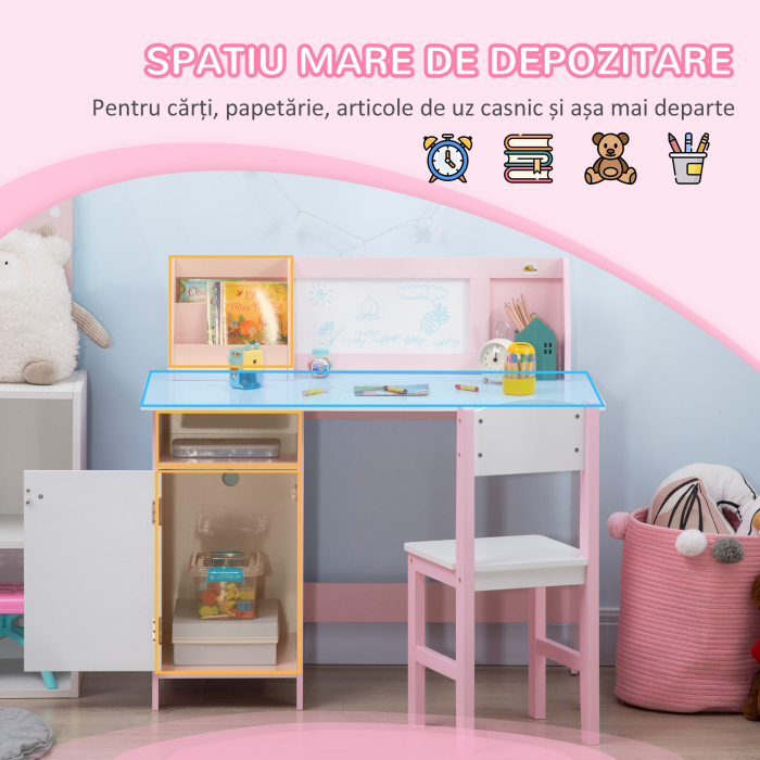  Set Masa si Scaune pentru Copii 5-8 Ani cu Spatiu de Depozitare, Tabla si Scaun, 90x45x85 cm, Roz [4]