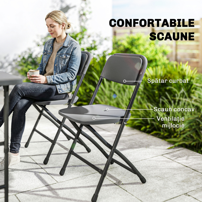  Set Masa si Scaune Pliabile de Gradina, 5 Piese, Masa Reglabila cu Blat HDPE Efect Lemn si 4 Scaune, Set Mobilier Exterior pentru Terasa si Balcon, Gri inchis [6]