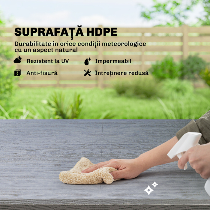  Set Masa si Scaune Pliabile de Gradina, 5 Piese, Masa Reglabila cu Blat HDPE Efect Lemn si 4 Scaune, Set Mobilier Exterior pentru Terasa si Balcon, Gri inchis [7]