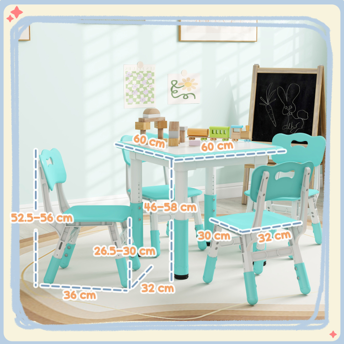  Set Masuta si Scaune pentru Copii 18-60 Luni cu inaltime Reglabila si Tabla de Scris, 60x60x46-58 cm, Verde [3]