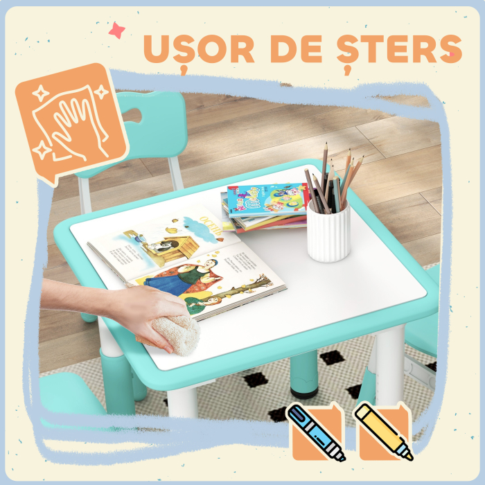  Set Masuta si Scaune pentru Copii 18-60 Luni cu inaltime Reglabila si Tabla de Scris, 60x60x46-58 cm, Verde [6]