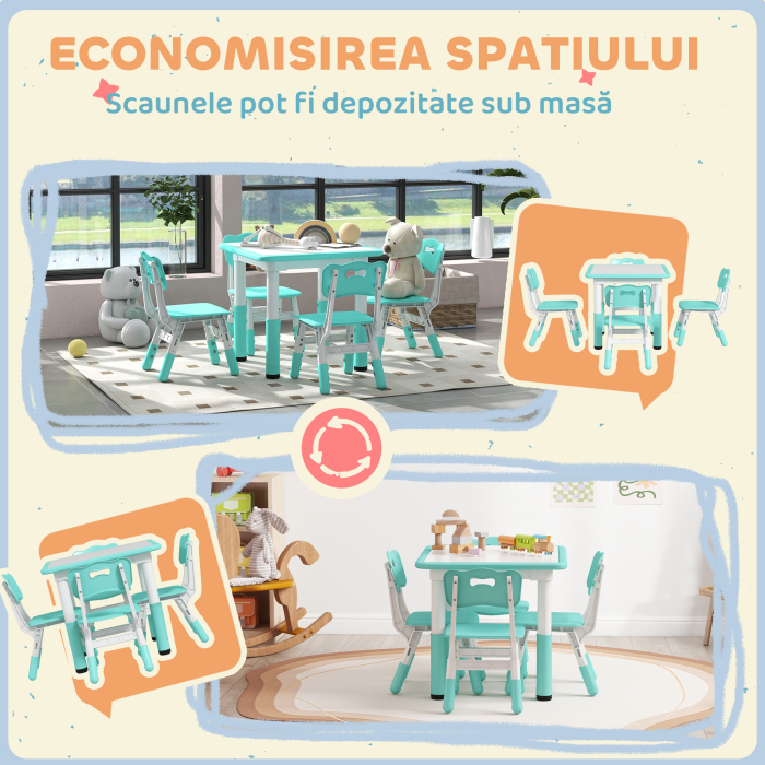  Set Masuta si Scaune pentru Copii 18-60 Luni cu inaltime Reglabila si Tabla de Scris, 60x60x46-58 cm, Verde [7]