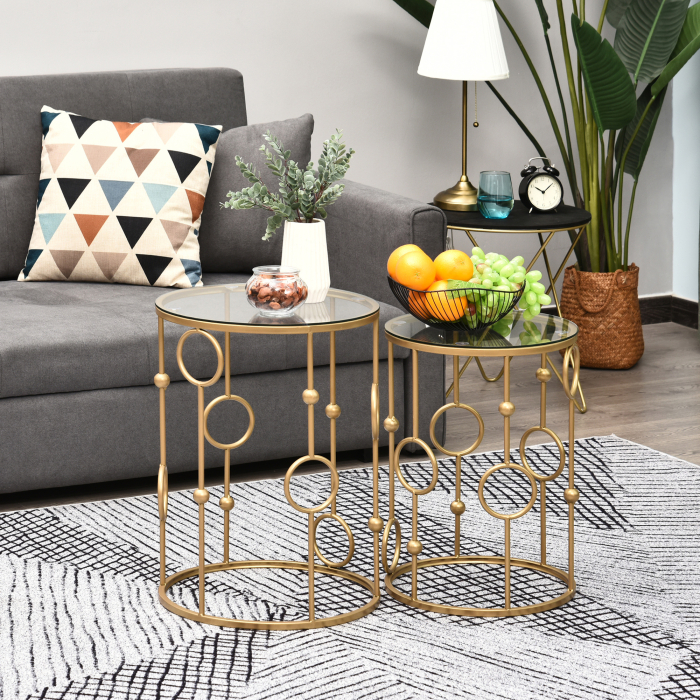  Set Masute Cafea - 2 Piese din Sticla & Metal, Design Modern [2]