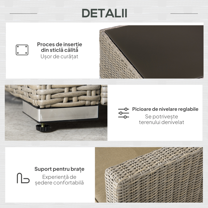  Set Mobila de Gradina 4 Piese din Ratan PE, Salon de Exterior cu 1 Canapea, 2 Fotolii, 1 Masuta si  Perne Detasabile si Lavabile, Kaki si Bej [6]
