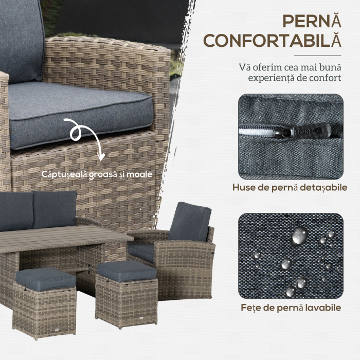  Set Mobila de Gradina de 6 Piese din Ratan PE, Salon cu Canapea 3 Locuri, 2 Fotolii, 2 Taburete si Masa, Perne Detasabile si Lavabile, Gri [5]